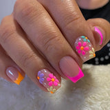Shopmocho 24Pcs Short Square Head Summer Fake Nail Colorful Gradient with Design Simple Full Cover False Nail Wearable Press on Nails Tips