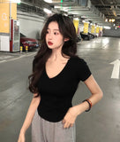 SHOPMOCHO Sexy V-neck Short Sleeve T-shirts for Women Summer New Tees Top Black White Basic Tshirt Y2K Korean Style Women's Clothes 2026