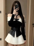 SHOPMOCHO Autumn Winter French Style One-Shoulder Butterfly Knot Waist Seal Splice Slit Slimming Half Skirt Set Sweet Lolita Top Bottom En