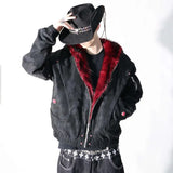 SHOPMOCHO American Dark Gothic Streetwear Cropped Hooded Jacket Men Women Red Faux Fur Lined Oversized Zip Up Rivet Winter Outerwear