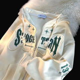 Shopmocho American Style Winter Flocking Letter Embroidery Cardigan Hooded Sweater Men Women Plus Fleece Loose Trendy Couple Jacket