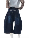 SHOPMOCHO Men's Women's 2026 Summer American Retro Embroidered Curved Denim Shorts Loose Wide Leg Capri Pants Streetwear Jeans