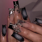 Shopmocho 24pcs Glossy Black Fake Nails For Spicy Girls Shimmery Rhinestone French Style Cross Press On Nail Mid-length Coffin Cool Nails