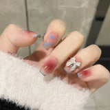 Shopmocho 24Pcs Glitter Diamond Press On Nails Sweet Cute Girl Acrylic Nails Full Cover Short Square Fake Nails Wearable Manicure Nail Tip