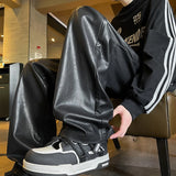 SHOPMOCHO Autumn Winter Men's PU Leather Motorcycle Pants Coffee/Black Men Wide-leg Mopping Trousers All-match Windproof Plus Size 8XL-M