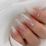 Shopmocho 24Pcs Almond Pure Handmade Press On Nails Full Cover Butterfly French Pearl Diamond False Nails Wearable Manicure Nail Tips Art