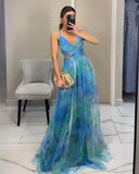 SHOPMOCHO-Elegant Print Pleated Mesh Evening Dress Sexy Off Shoulder Ins Vacation Long Dress Summer V Neck High Waist Backless Sling Dress