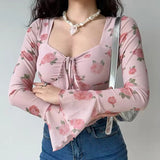Shopmocho Women Floral Printed Sweet Holiday T-shirts Flare Sleeve Lace Up Chiffon Office Blouse Mesh Beach Tees Top Spring Summer