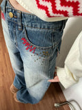 Shopmocho American Embroidery Hot Stamping Design Trendy Cool High Waisted Straight Leg Jeans for Women New Casual Slim and Wide Leg Pants