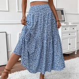 Shopmocho Women's Fashion Pleated Floral Print Elastic Waist Loose Splicing A Line Skirt Skirts for Women Women's Skirt Skirts for Women
