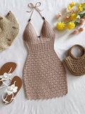 Shopmocho Soleia Summer Sexy V-Neck Hollow-Out Wooden Beads Fitted Dress, Vacation Spaghetti Strap Backless Ombre Knitted Dress, Suitable