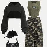 SHOPMOCHO Children's Clothing: Girls' Short Hooded Sweatshirt & Fleece Ribbed Vest & Camouflage Sweatpants Three-Piece Set, Army Green Cool Girl Outfit