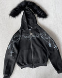 Shopmocho American Retro Rock Gothic Graphic Fur Collar Loose Zipper Sweatshirt Men's Y2K New Harajuku Punk Casual Joker Hoodie Streetwear