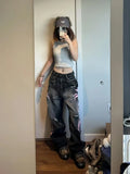 Shopmocho Y2K American Vintage Mottled Totem Print Baggy Jeans Women's High Waist Wide Leg Jeans Women's Harajuku Trendy Hip-hop Jeans