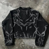 SHOPMOCHO European and American embroidered round sweater men's street design jacquard loose sweater Y2K vintage classic street clothing