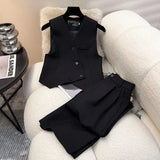 Shopmocho Simple Sleeveless Suit Vest Casual Wide Leg Pants Two-piece Set for Women 2025 New Elegant Suit Set