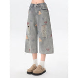 Shopmocho Summer New Oversized Wide Leg Design High Street Y2k Ripped Edge Jeans for Women Hip Hop Loose Fitting Spicy Girl Cropped Pants