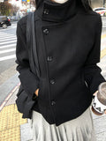 SHOPMOCHO 2026 Women's Minimalist Retro Stand up Collar Thick Coat, Asymmetrical Button Decoration, Slim Fit Long Sleeved Top, Winter