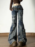 SHOPMOCHO American Vintage Street Style Y2K Jeans Women's High-street Multi-pocket Cargo Flared Floor-grazing Jeans Casual Punk Long Pants