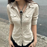 SHOPMOCHO Half Sleeve Button Up Shirts for Woman Clothing Japanese 2000s Style Y2k Tops Harajuku Fashion Blouse