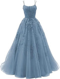 Shopmocho Tulle Spaghetti Straps Prom Dresses Long Lace Appliques Ball Gowns for Women