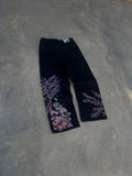 SHOPMOCHO American New Fashion Vintage Cherry Blossom Pattern Embroidered Blue Jeans Women Y2K Street Wild Straight Wide-leg Trousers