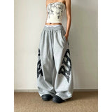 SHOPMOCHO Women Grey Baggy Wide Leg Sweatpants American Letter Print Pants Harajuku Japanese 2000s Style Vintage Y2k Casual Trouse