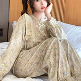 SHOPMOCHO Ladies Pajamas Garden Style Student Casual Long Sleeve Pants Two-Piece Bow Set Nightwear Women Four Season Academic Atmosphere