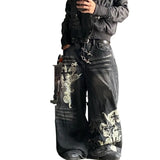 SHOPMOCHO American Vintage New Pattern Printing Black Baggy Jeans Men Y2K Gothic Harajuku Hip Hop Popular Casual Joker Wide-leg Pants