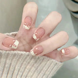 Shopmocho 24Pcs Glitter Diamond Press On Nails Sweet Cute Girl Acrylic Nails Full Cover Short Square Fake Nails Wearable Manicure Nail Tip