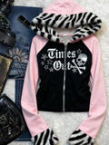 SHOPMOCHO Retro Y2K American Spice Girl Coat Leopard Print Powder Black Contrast Stitching Skull Letter printed Hooded Sweater