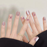Shopmocho 24Pcs Glitter Diamond Press On Nails Sweet Cute Girl Acrylic Nails Full Cover Short Square Fake Nails Wearable Manicure Nail Tip