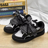 SHOPMOCHO Black White Mixed Colors Couple Casual Sneakers Novelly Reflective Thick Sole Lace-Up Walking Shoes Breathable Women Men Shoes
