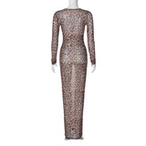 Shopmocho Leopard Print Mesh See Through Sexy Party Club Maxi Dress Outfits Women Autumn Winter Long Sleeve Y2K Streetwear Dress Vestido
