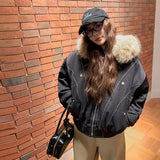 SHOPMOCHOAutumn Winter Cotton Padded Jacket Women Outerwear Thick Warm Oversize Short Coat Female Hooded Long Sleeve Fur Collar Parkas