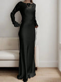 Shopmocho Women's Bespoke Satin Maxi Dress with Corset Waist Tie Classic Round Neck & Dramatic Flared Sleeves Luxury Evening Dress