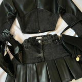 SHOPMOCHO Y2k Leather Denim Patchwork Two Piece Set Women Hip Hop Patchwork Zippered Long Sleeve Jacket Sexy Short Denim Skirt Fashion Set