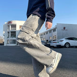 SHOPMOCHO 2025 new men's cement grey work jeans Y2K street hip-hop large pocket wide-leg straight jeans trousers jogging black light blue