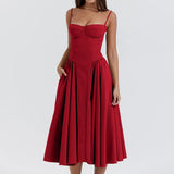 Shopmocho Summer Women Elegant Sleeveless Backless Pleated Dresses Lady Sexy Solid Sling Midi Dress 2025 Female Party Evening A-line Robes