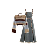 Shopmocho 2025 Spring New Vintage Denim Skirt Matching Set Women's Elegant Loose Hollow Knitted Shirt+Sexy Split Dress Two Piece Suit
