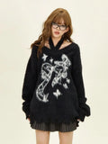 Shopmocho Winter American New Green Bow Neck Sweater Women Loose Print Pattern Vintage High Street Lazy Wind Knitted Sweater