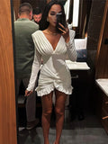 Shopmocho Weird Puss Chic Knot Dress Women V-Neck Long Sleeve Ruched Ruffled Hem Skinny Solid Elegant Birthday Simple Classic Mini Bodycon