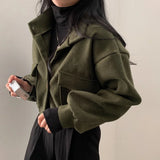 Shopmocho Autumn Winter Loose Woolen Coat Women Large Size with Pockets Small Stand Collar Long Sleeve Button Hong Style Women's Clothing