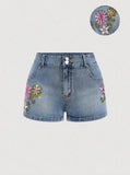 SHOPMOCHO Gothic Flower Embroidery Retro Denim Shorts Y2k Harajuku Rhinestone Blue Washed Low Waist Mini Shorts Women Sexy Streetwear