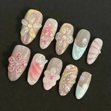 SHOPMOCHO 24PCS Sweet Pink Blush French Almond Press on Nails 3D Flower Ripples Fake Nails for Women Girls Simple Ins Nail Tips Detachable