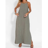 Shopmocho Women Cotton linen Side Split Long Slip Dress Summer Lady Strapless Solid Color Holiday Party Dresses FYY-10080