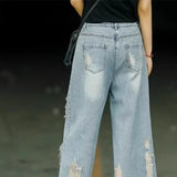 Shopmocho Retro Faded Hole Denim Jeans Women Summer Thin High Waist Loose Wide Leg Pants Small Size Seven Casual Pants