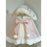 SHOPMOCHO Winter New Lolita Shawl Overcoat Women Design Bow Hooded Patchwork Kawaii Cope Coat Female Warm Chic Sweet Christmas Coat