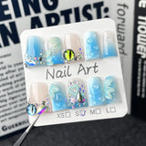 Shopmocho 10pcs Gradient Blue Summer Fake Nails Glossy Cat's Eye 3D Flower Shiny Diamond Press On Nail Blush Duckbill Handmade False Nail
