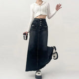Shopmocho High-waisted Cargo Denim Skirt Women's Autumn Long A-line Mid-length Skirt  Retro Raw Edge Y2k Female Clothing Korean Style